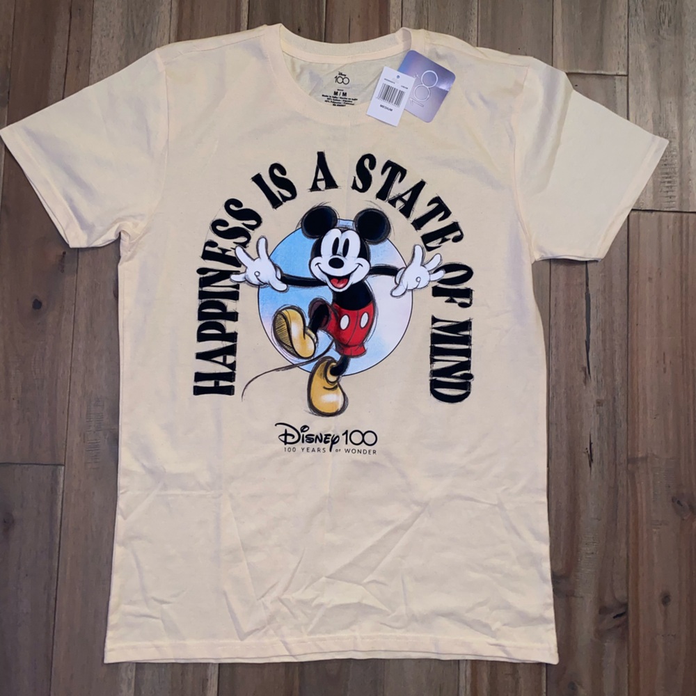 Disney Cream Tee with Mickey Mouse Red, Black, Blue and Yellow Print